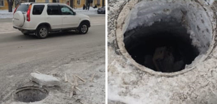 «Там уже машина влетела!»: рабочие оставили открытый люк на оживленной дороге в Калининском районе Новосибирска